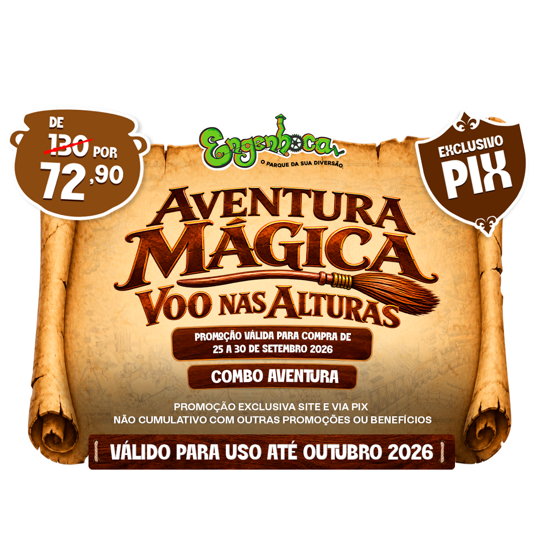 Promoção Mês das Crianças - Combo Aventura de R$ 130 por R$ 72,90 - Válido para uso até Outubro de 2026 - Promoção exclusiva site e via pix - Não cumulativa com outras promoções e benefícios